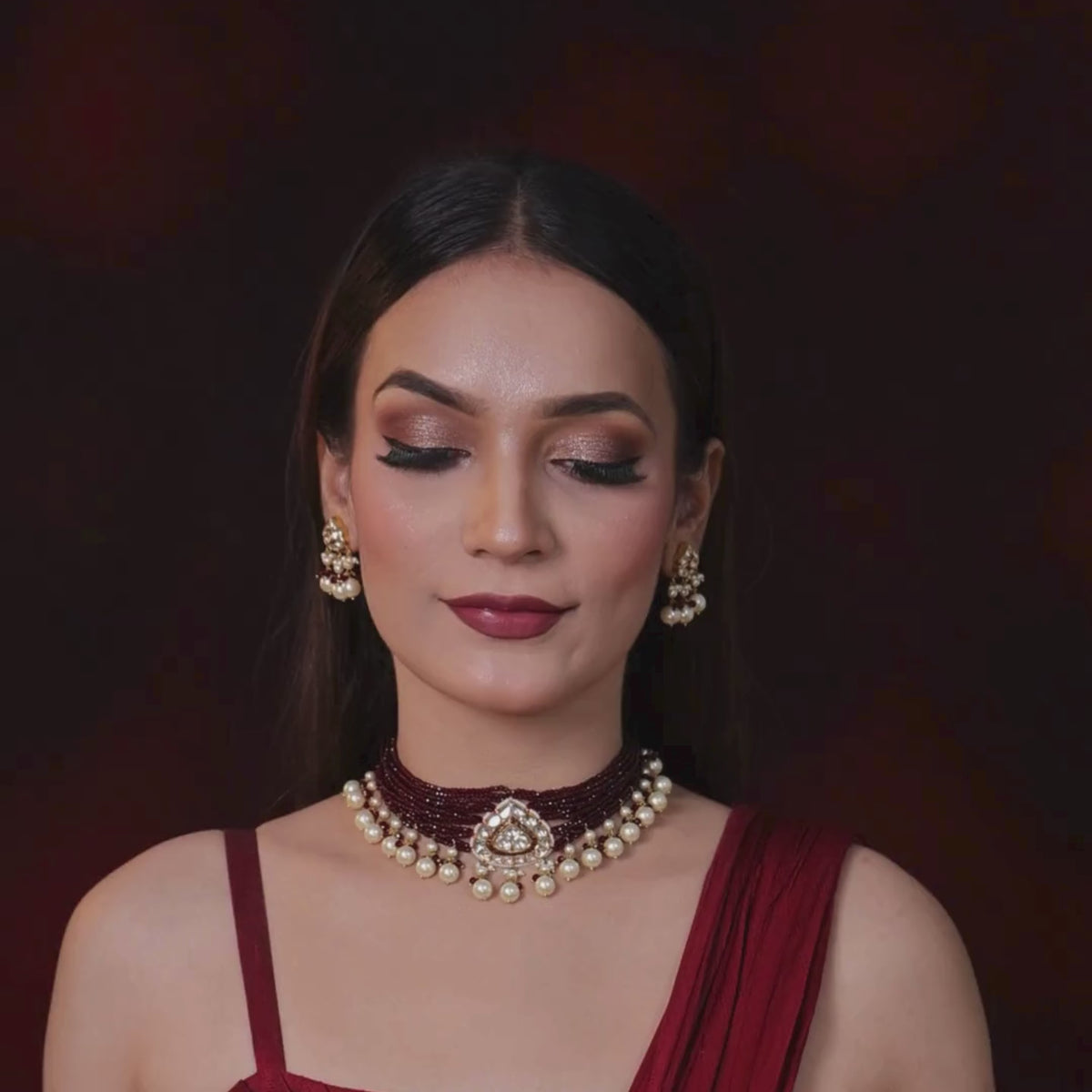 Raktime Natural Diamond Polki Burgundy Bead Choker Set With Pearl Drops in 18K Gold
